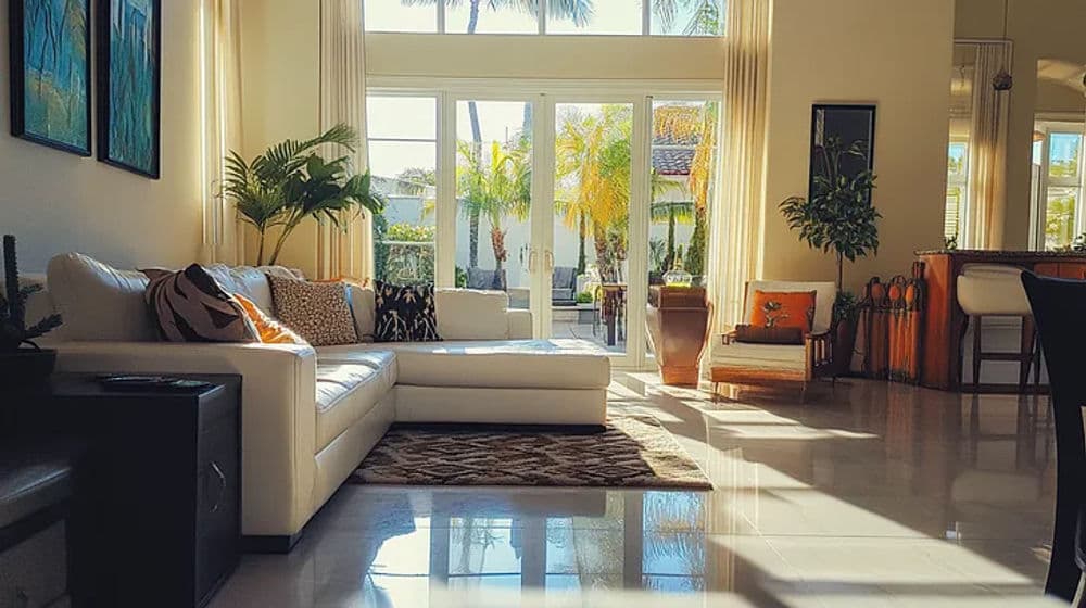 Bright living room with a white sectional sofa, tropical plants, and large windows.